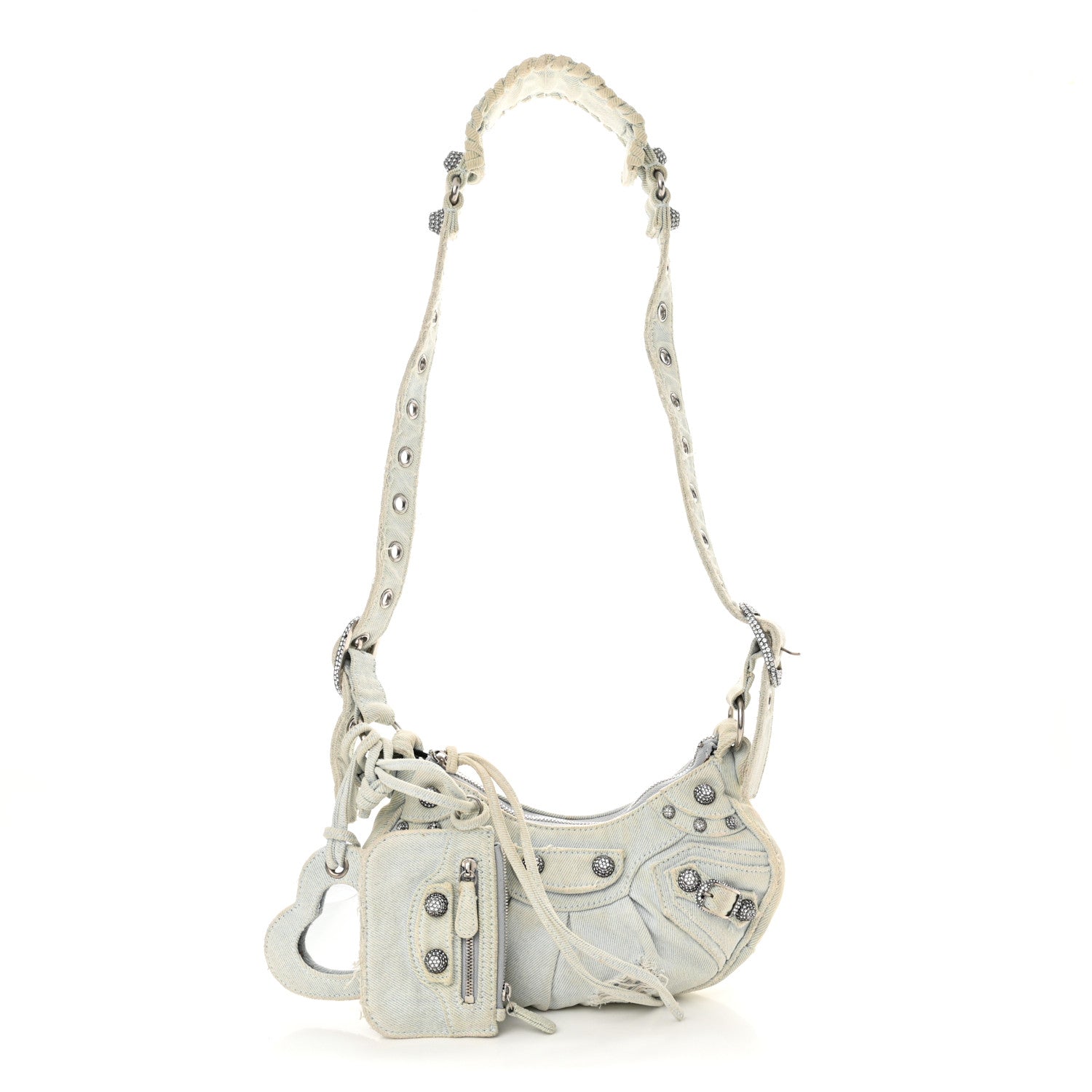 Balenciaga Washed Frayed Denim Crystal XS Le Cagole Shoulder Bag Pale Blue 3 of 16