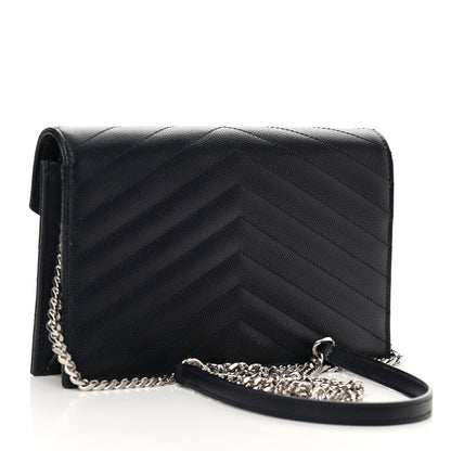 Saint Laurent Grain De Poudre Matelasse Chevron Monogram Envelope Chain Wallet Navy 3 of 10