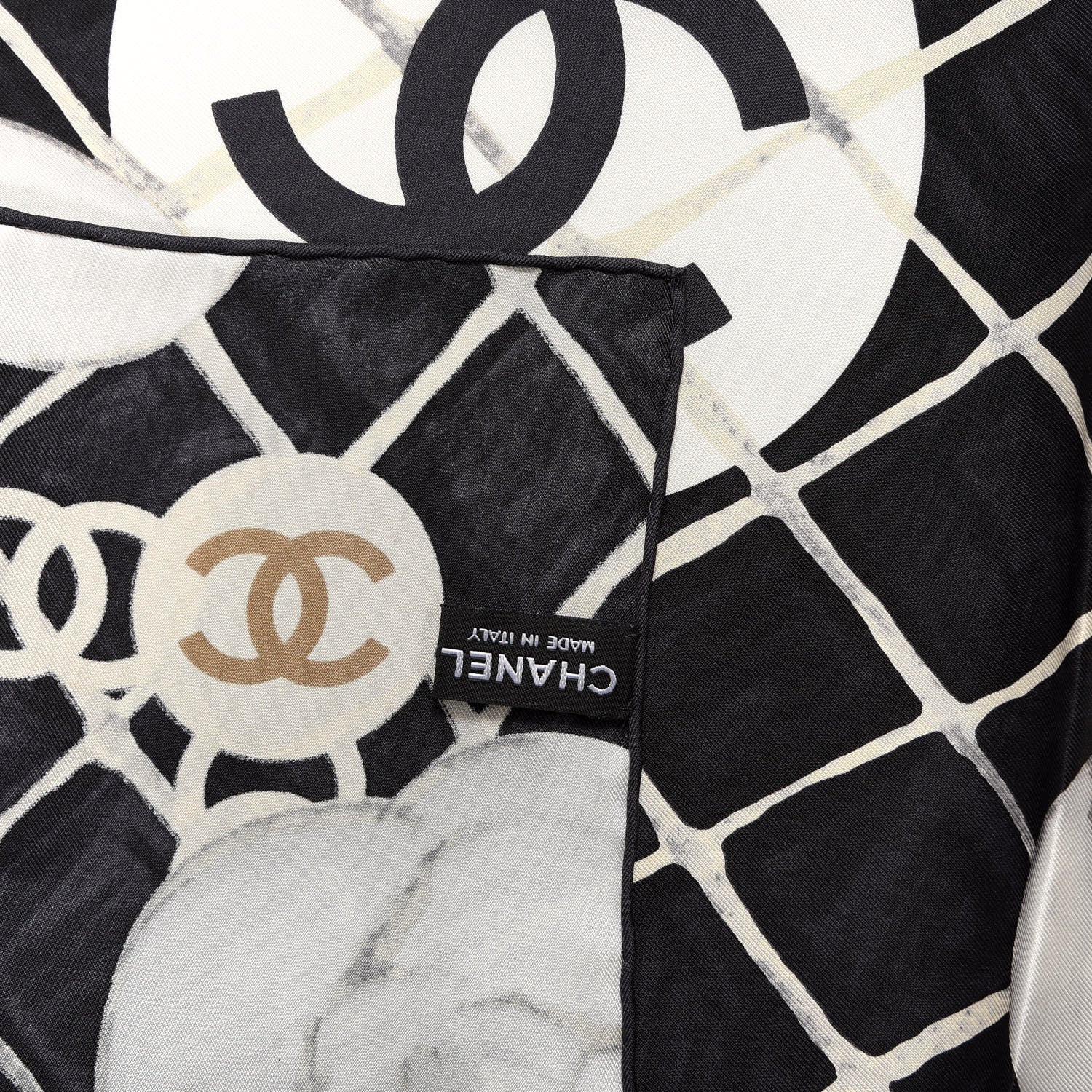 Chanel Silk CC Logo Camellia Scarf White Black 2 of 3