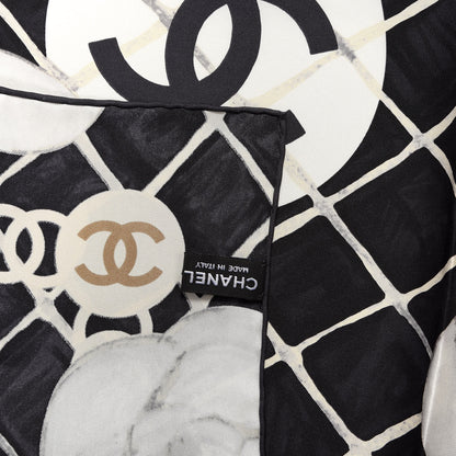 Chanel Silk CC Logo Camellia Scarf White Black 2 of 3