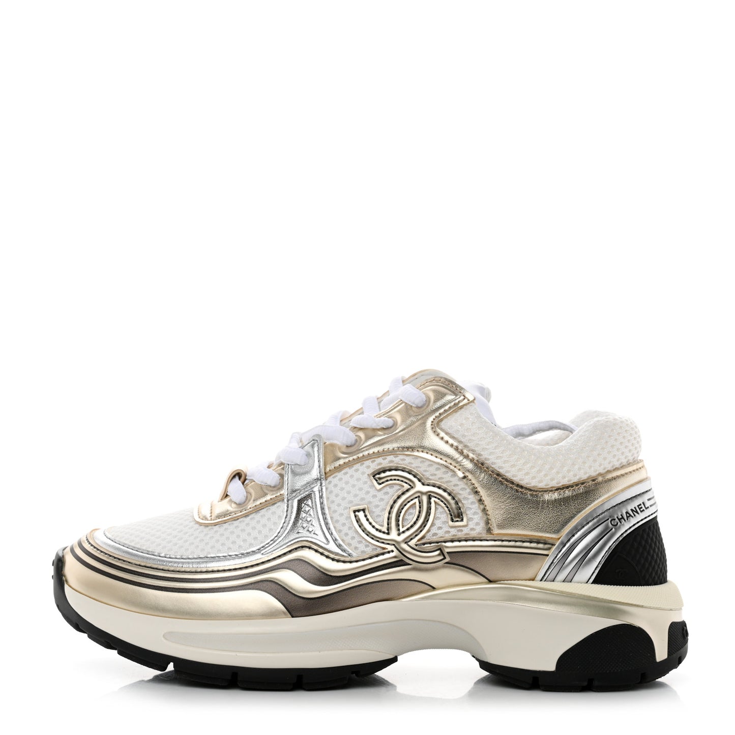 Fabric Laminated Calfskin Stretch CC Sneakers 36 White Gold Silver