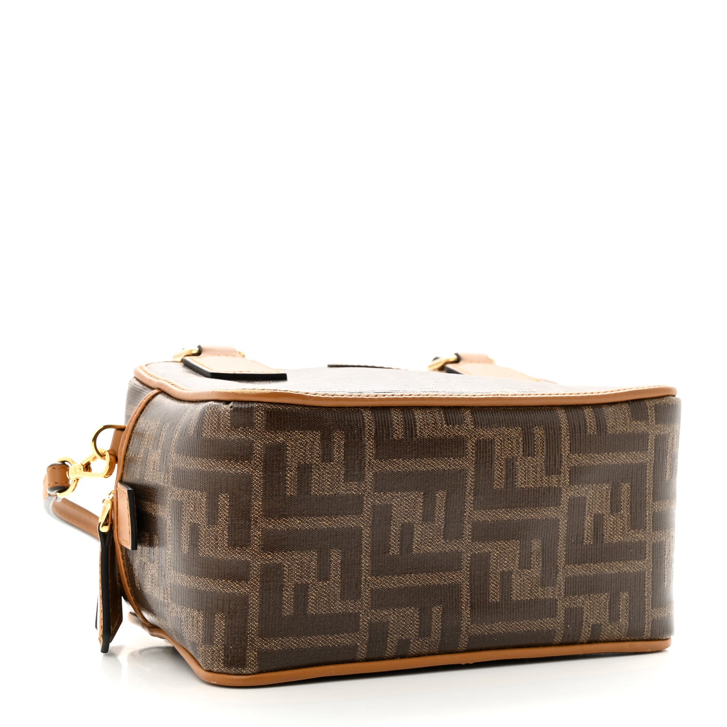 Fendi Glazed Fabric Vitello Century FF 1974 Stamp Patch Mini Boston Box Bag Mogano Panna Caramello 4 of 13