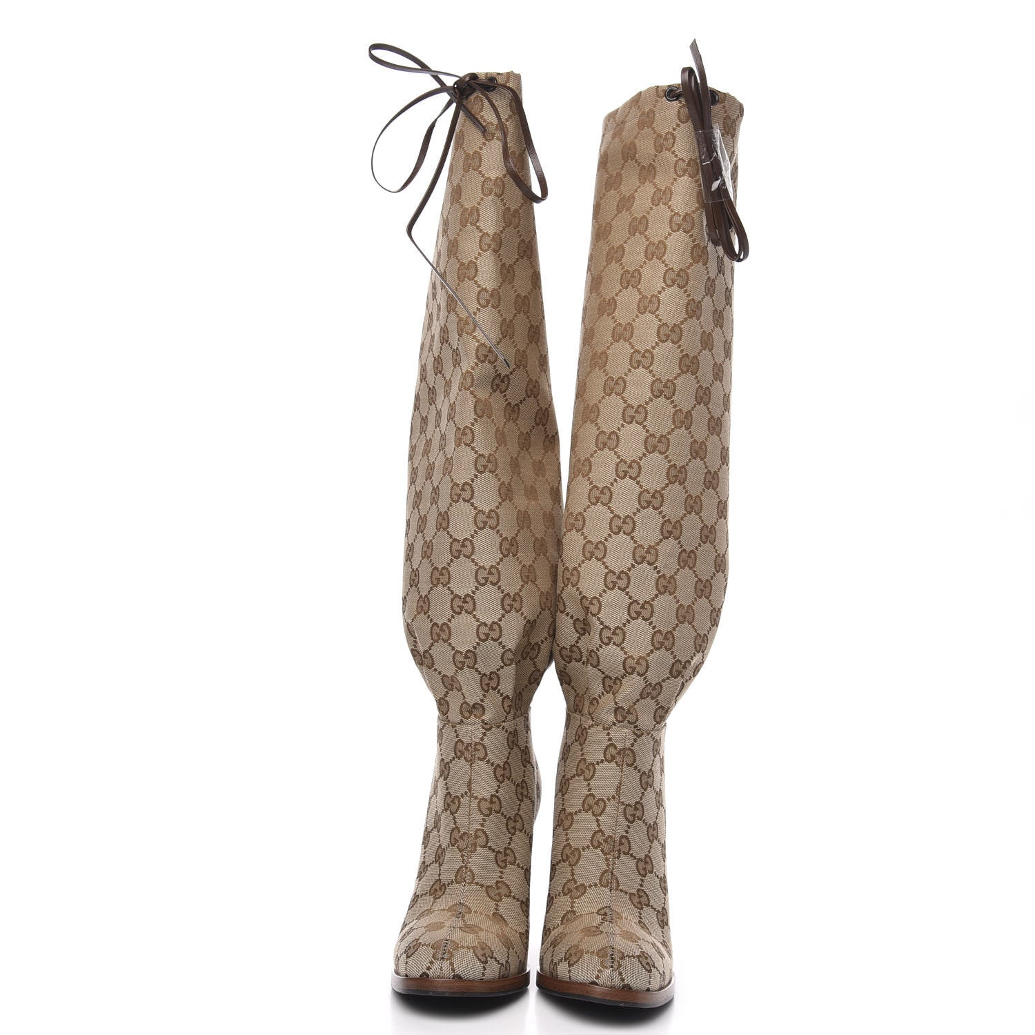 Gucci Monogram Malaga Kid Lisa Mid Heel Boots 36 Beige Ebony 2 of 7