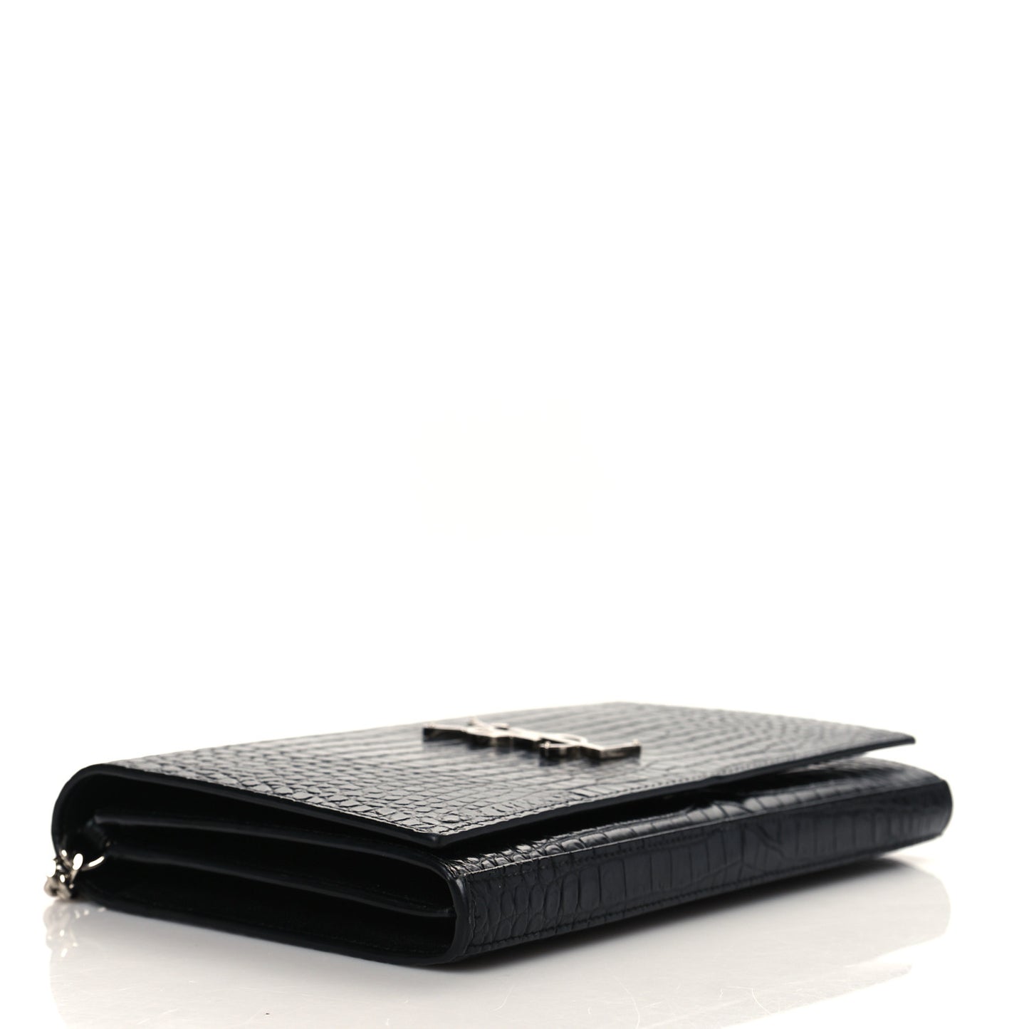 Calfskin Crocodile Embossed Monogram Chain Wallet Black