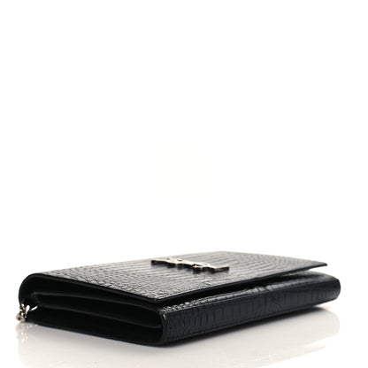 Saint Laurent Calfskin Crocodile Embossed Monogram Chain Wallet Black 4 of 10