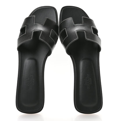 Hermes Box Calfskin Oran Sandals 36.5 Black 2 of 8