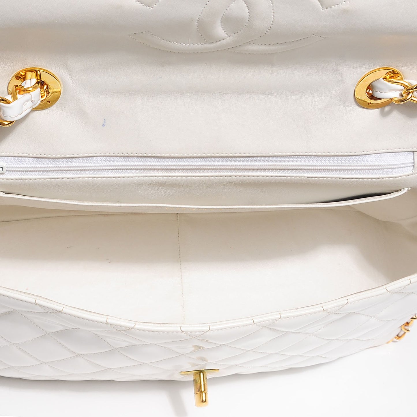 Patent Quilted Jumbo XL Chain Around Flap White