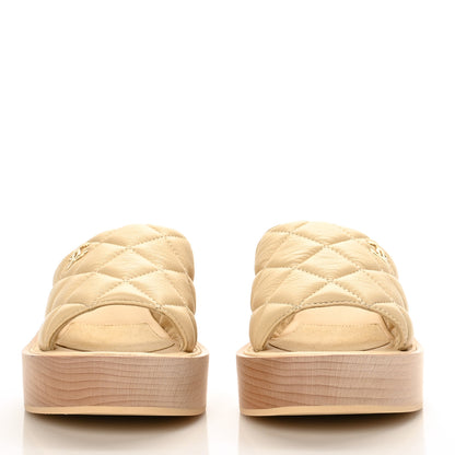 Chanel Lambskin Quilted CC Slip On Platform Sandals 39 Beige 2 of 9