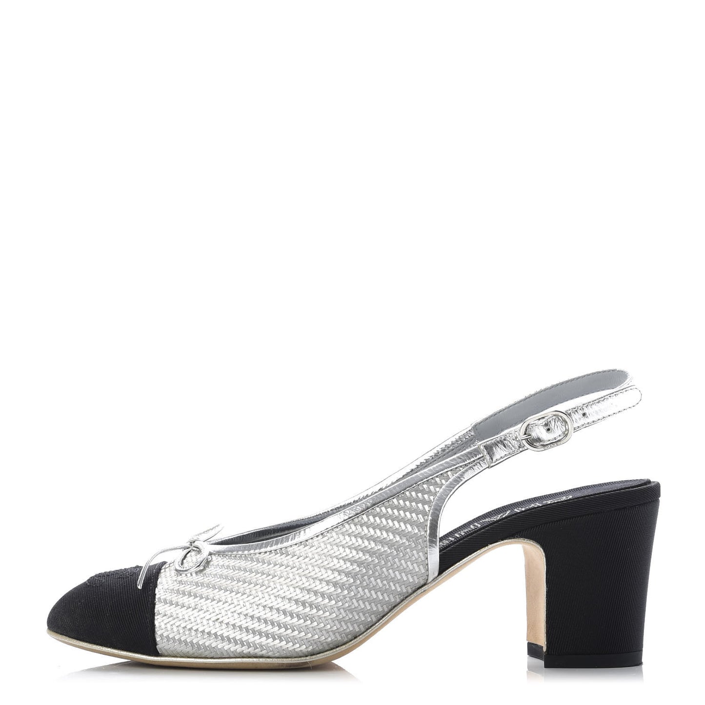 Woven Plastic Grosgrain Cap Toe CC Slingback Pumps 39 Black Silver