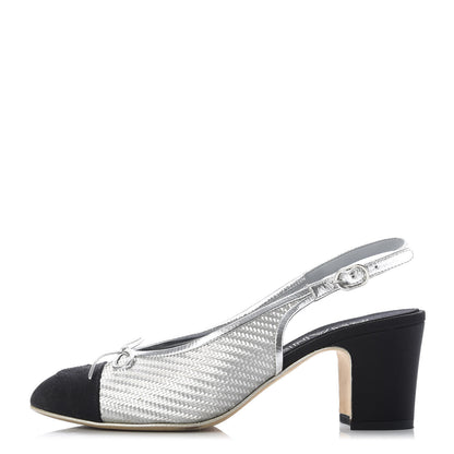 Chanel Woven Plastic Grosgrain Cap Toe CC Slingback Pumps 39 Black Silver 1 of 10