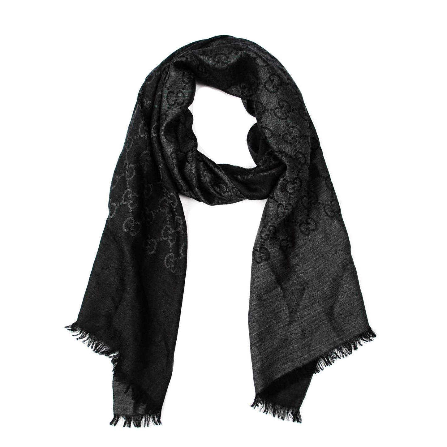 Wool Silk Monogram Fringe Scarf Grey Black