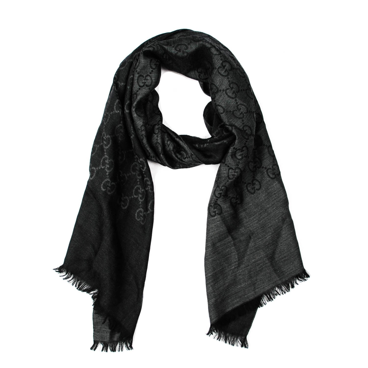 Gucci Wool Silk Monogram Fringe Scarf Grey Black 1 of 5
