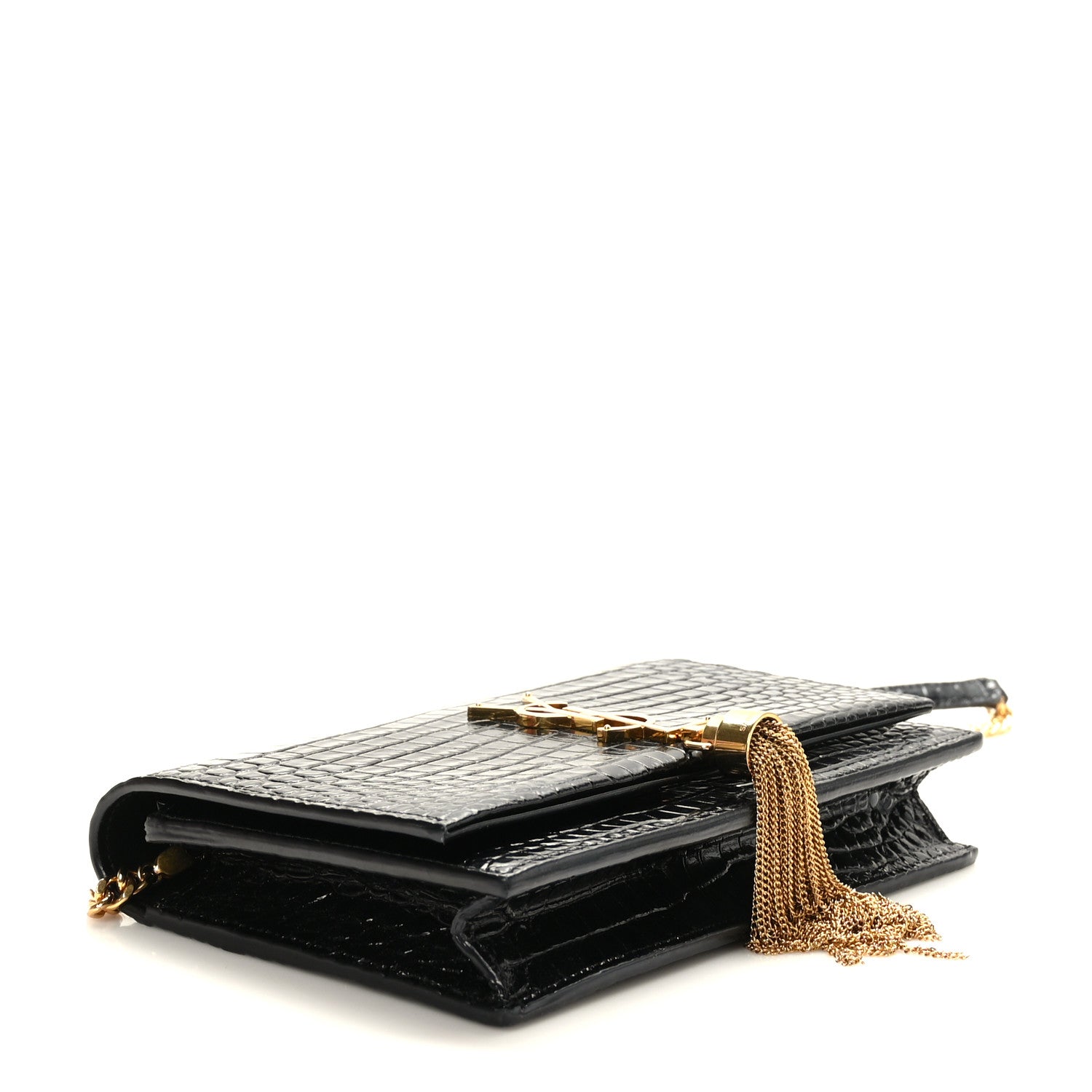 Saint Laurent Calfskin Crocodile Embossed Kate Monogram Tassel Chain Wallet Black 4 of 8