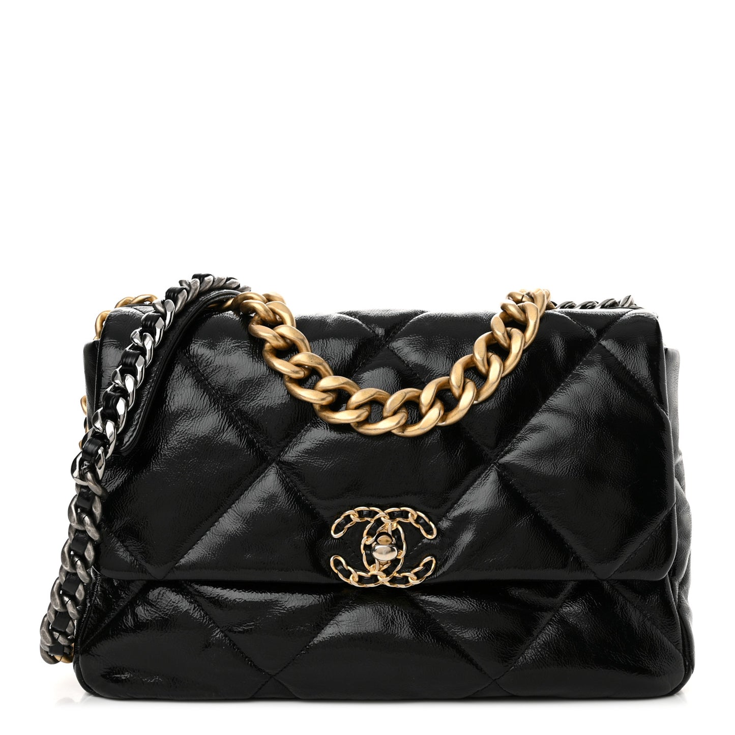 Shiny Crumpled Calfskin Quilted Large Chanel 19 Flap Black