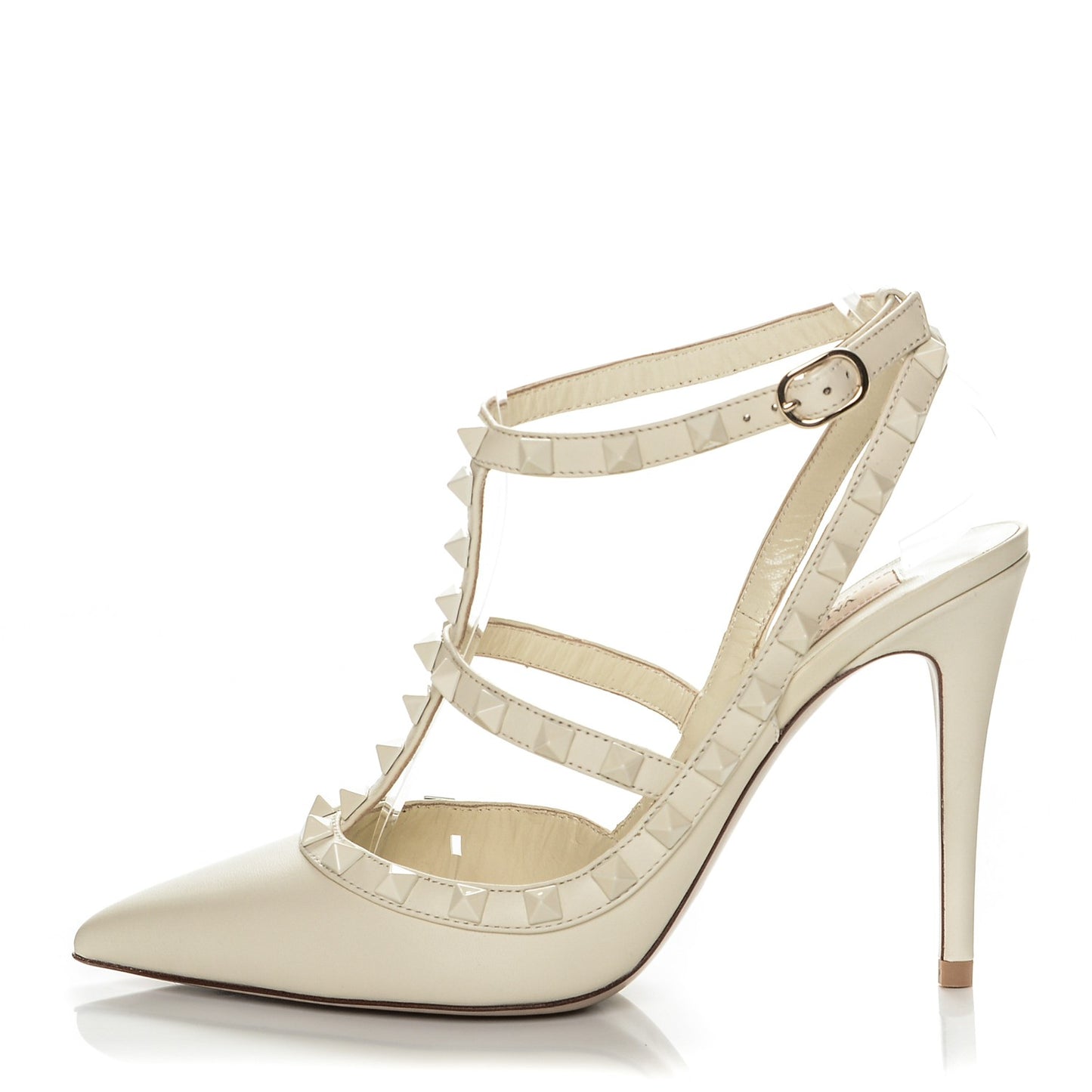 Calfskin Lacquered Monochrome Rockstud Ankle Strap 100mm Pumps 37.5 Ivory