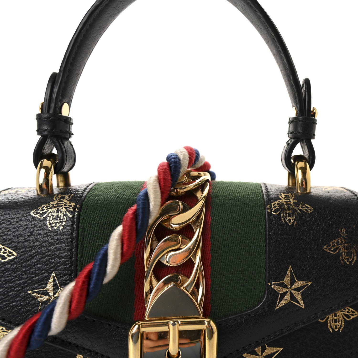 Gucci Textured Calfskin Bee Star Print Mini Sylvie Top Handle Bag Black 8 of 10