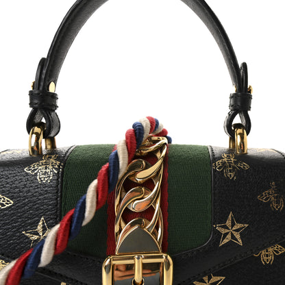 Gucci Textured Calfskin Bee Star Print Mini Sylvie Top Handle Bag Black 8 of 10