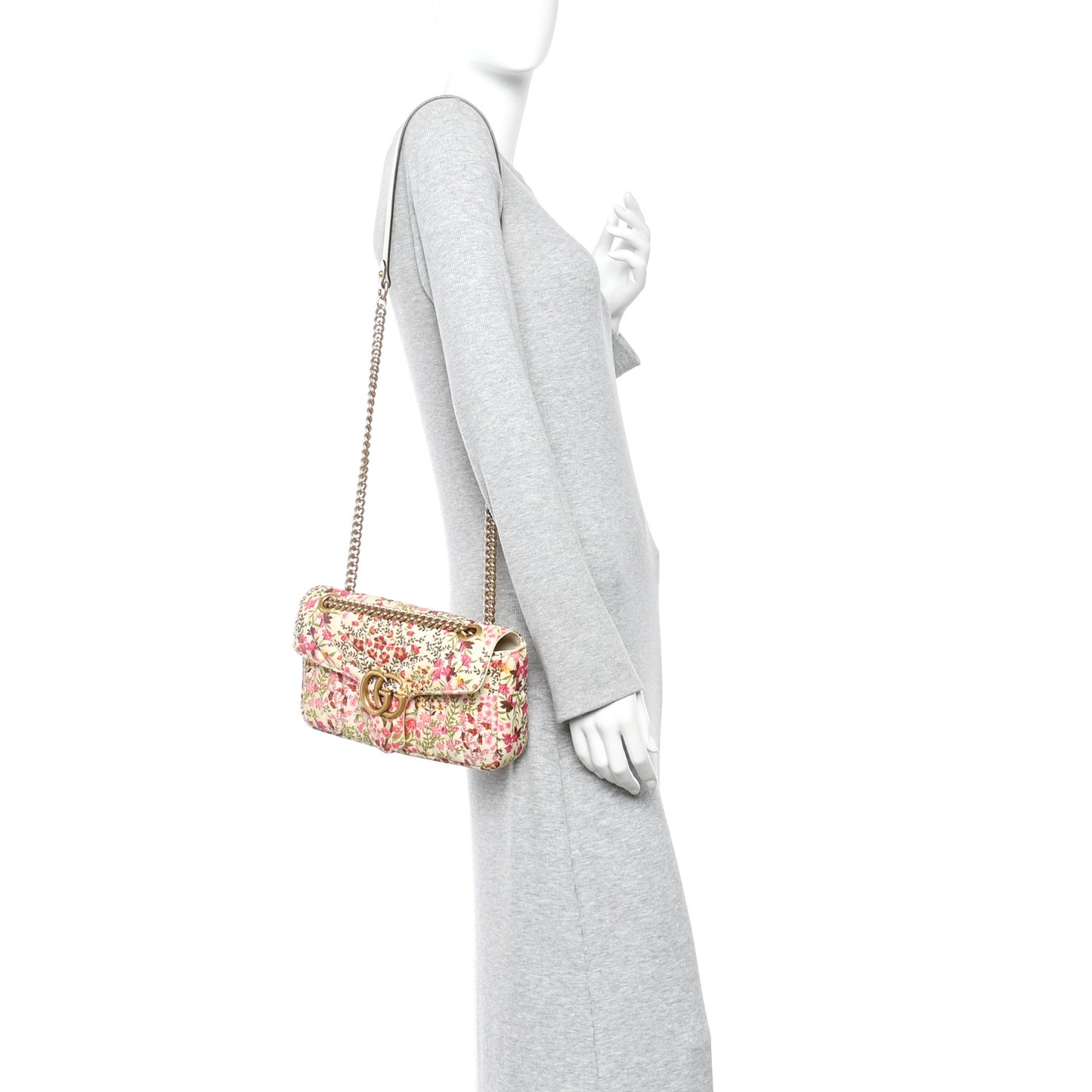 Cotton Calfskin Matelasse Floral Print Small GG Marmont Shoulder Bag Ivory Pink