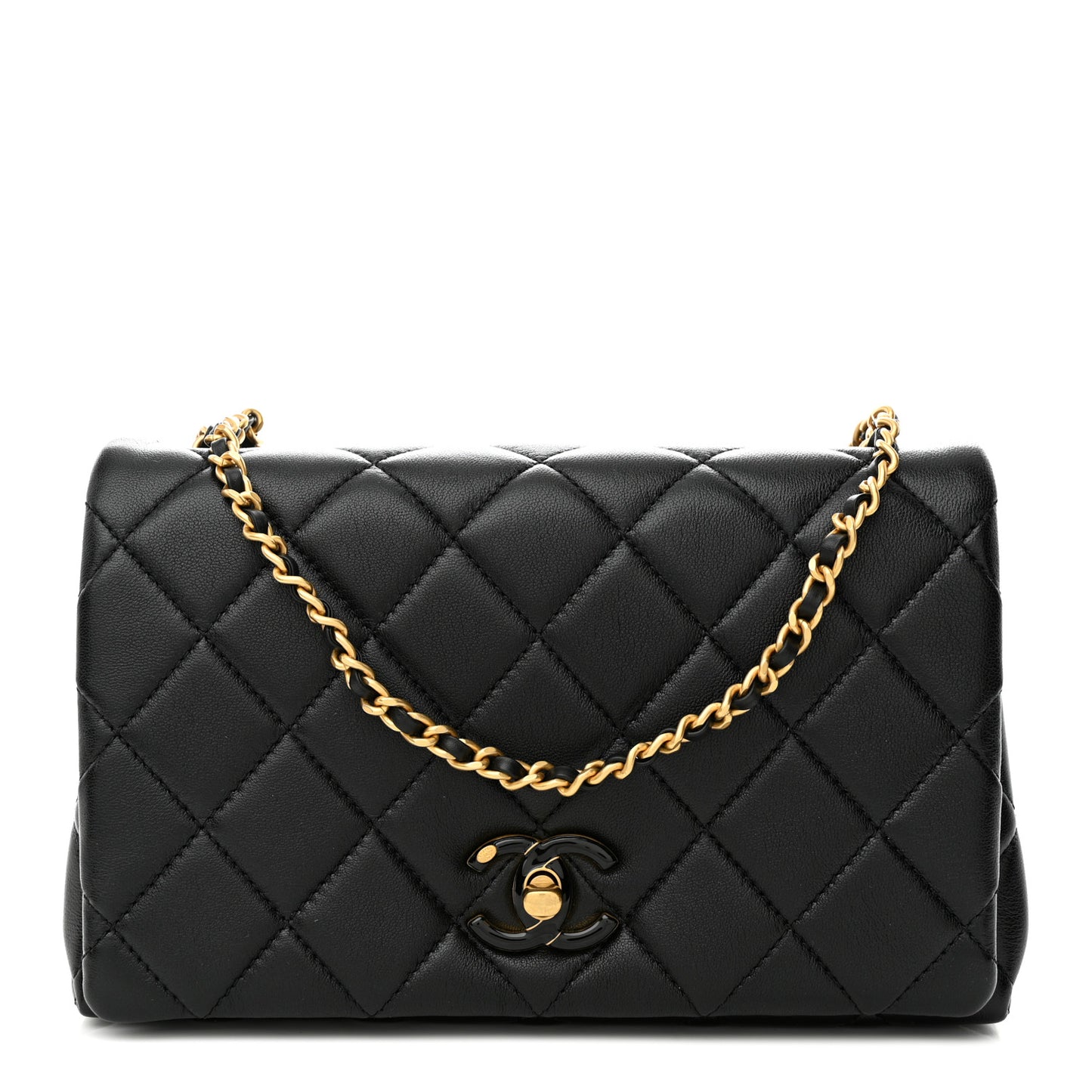 Shiny Lambskin Quilted Enamel CC Small Flap Black