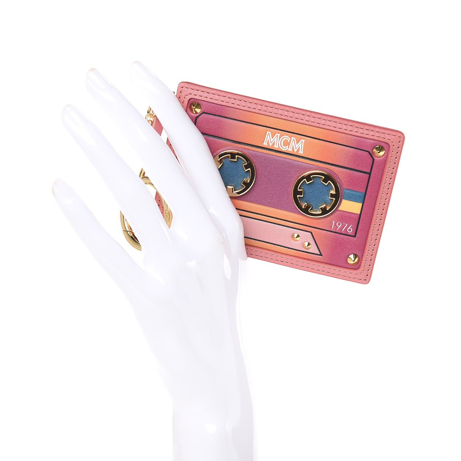 MCM Calfskin Cassette Key Ring Card Holder Pink 2 of 7