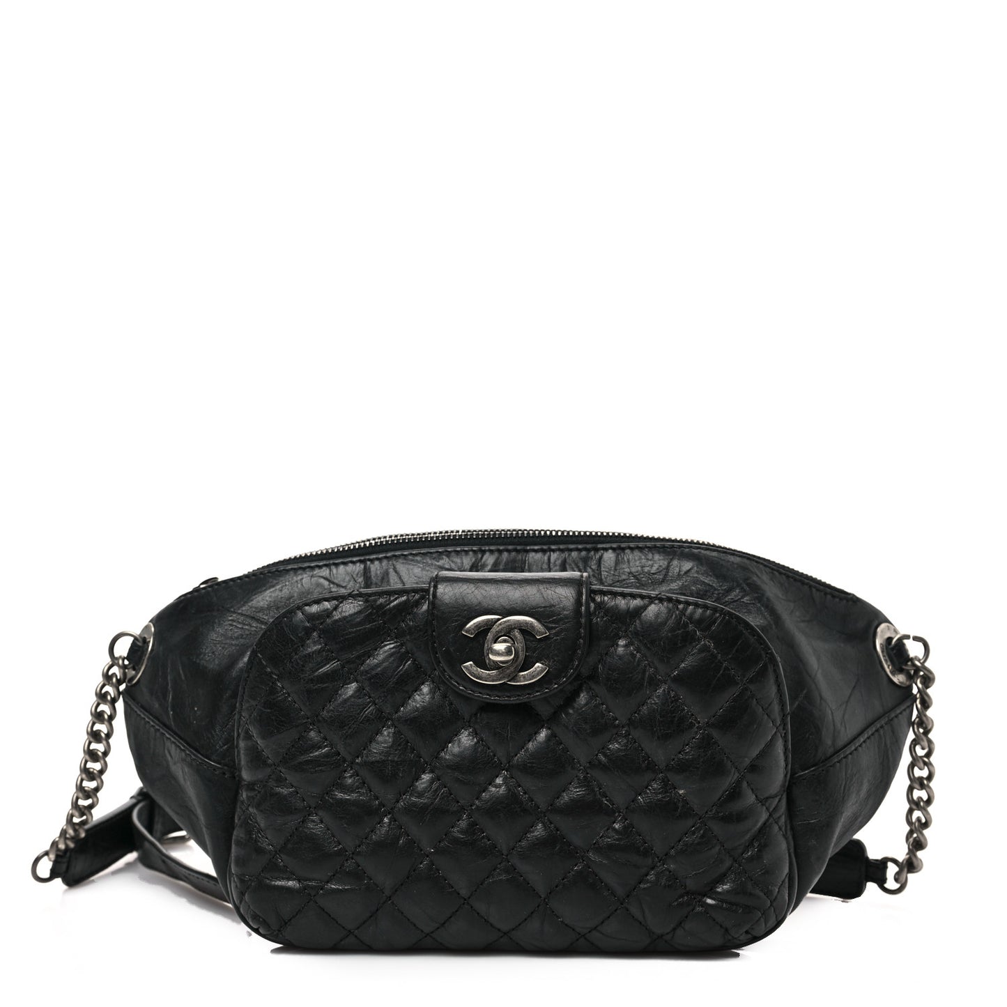 Crumpled Calfskin Quilted Casual Rock Waist Bag Fanny Pack Black