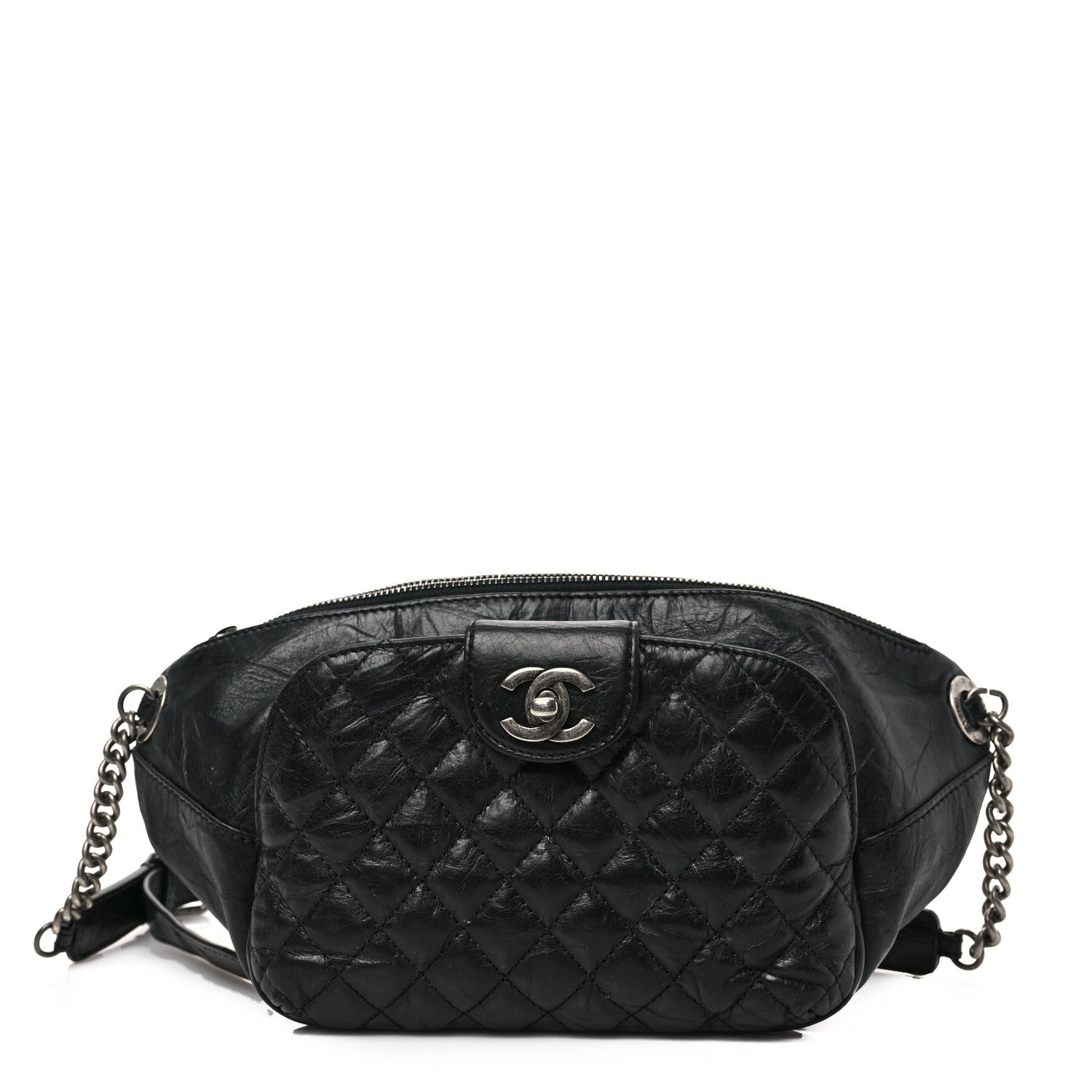 Chanel Crumpled Calfskin Quilted Casual Rock Waist Bag Fanny Pack Black 1 of 8