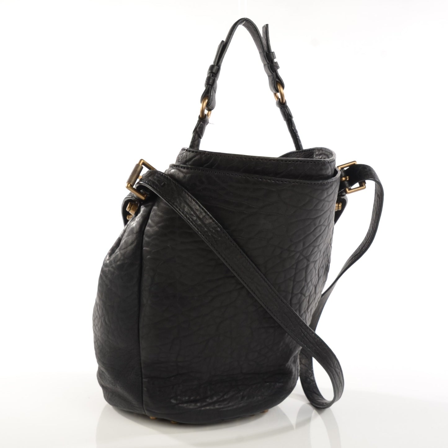 Pebbled Lambskin Diego Bucket Bag Black Antique Brass Hardware