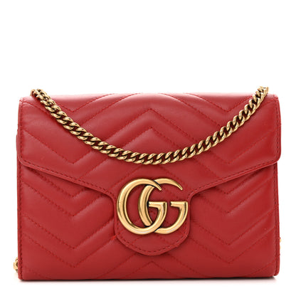 Gucci Calfskin Matelasse GG Marmont Chain Wallet Hibiscus Red 1 of 16