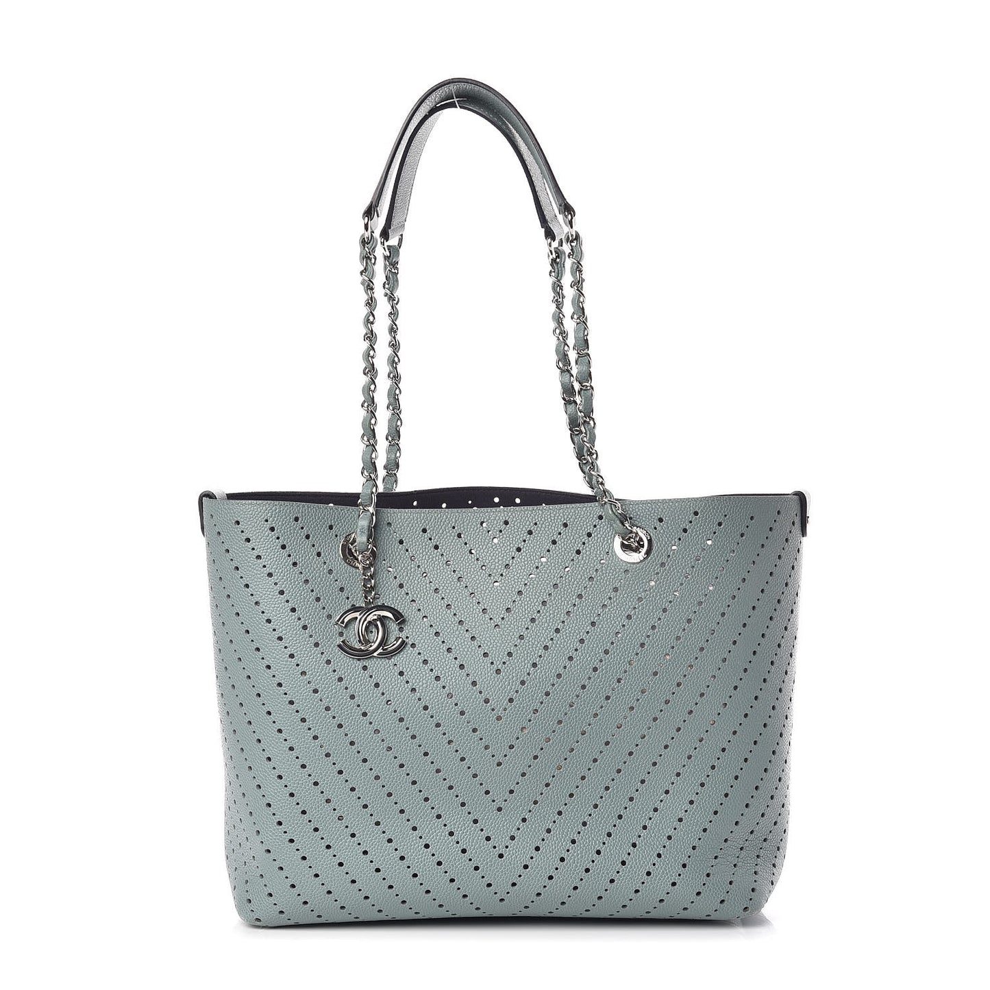 Perforated Grained Calfskin Large Shopping Tote Green