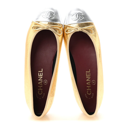 Metallic Crackled Laminated Calfskin CC Cap Toe Ballerina Flats 37.5 Gold Silver