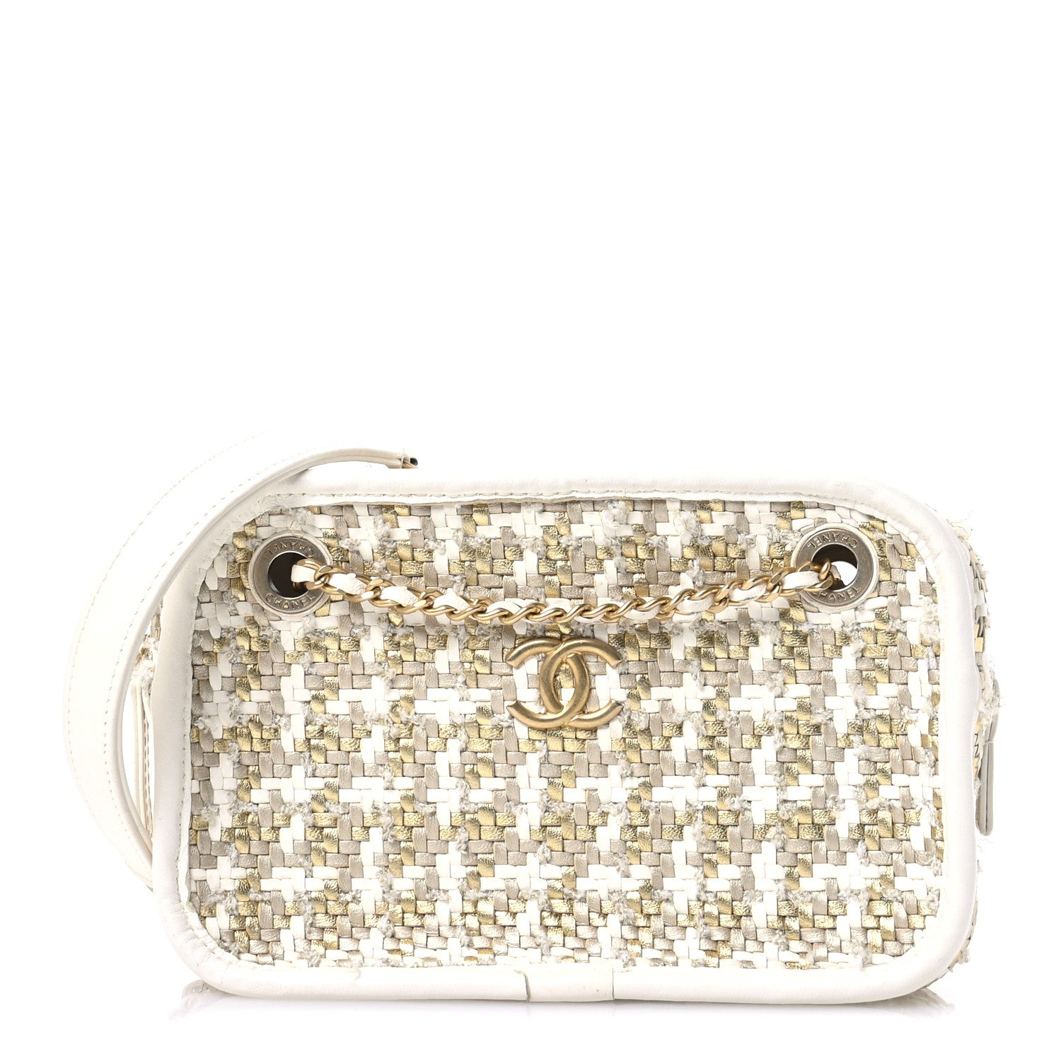 Chanel Metallic Lambskin Viscose Woven Small Camera Case White Gold 1 of 12