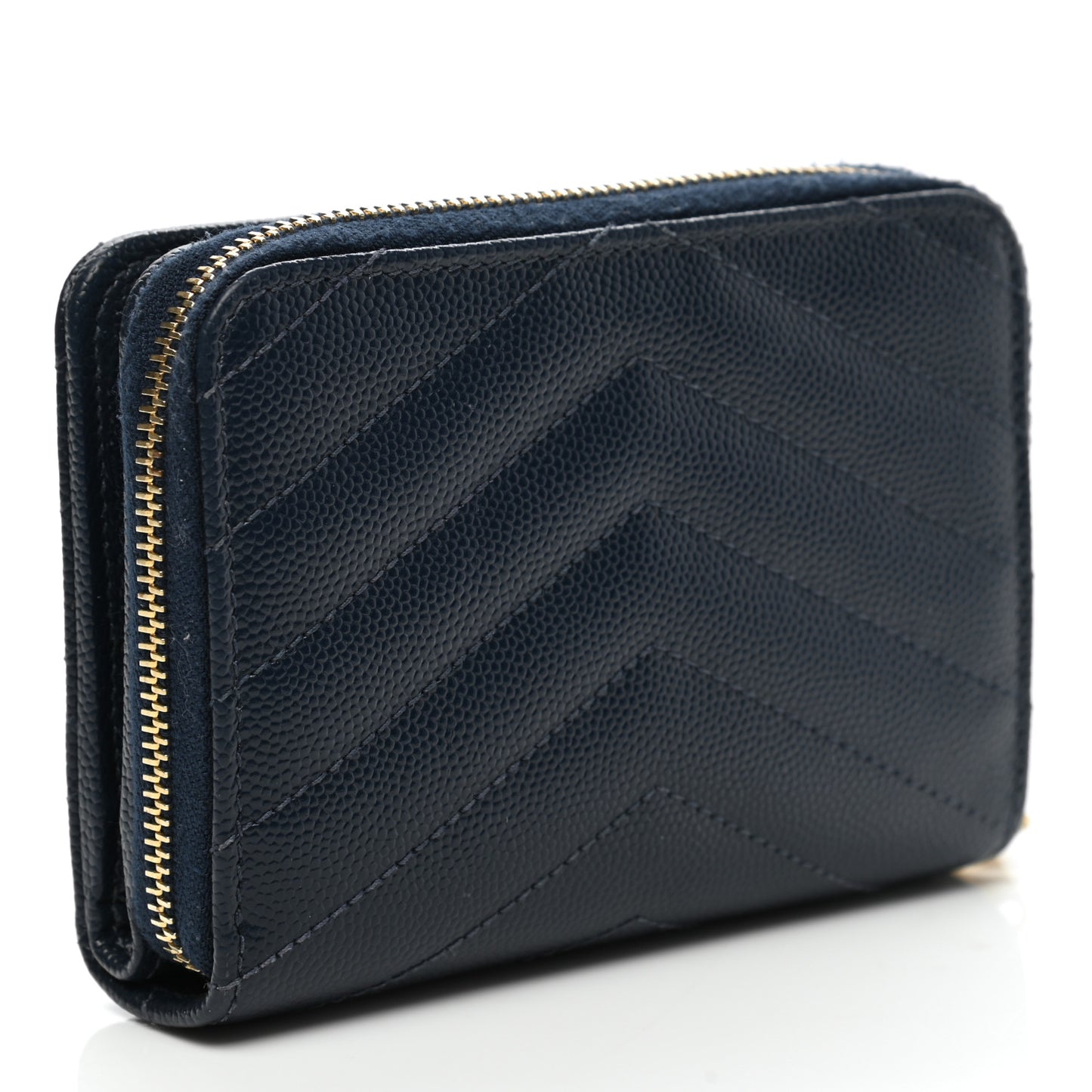 Grain De Poudre Matelasse Chevron Monogram Compact Zip Around Wallet Deep Marine
