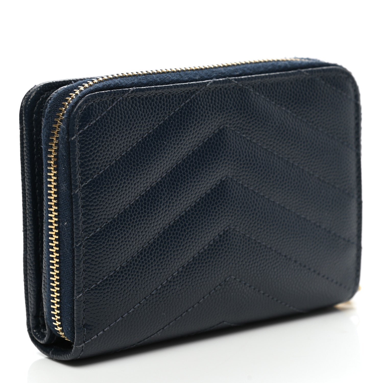 Saint Laurent Grain De Poudre Matelasse Chevron Monogram Compact Zip Around Wallet Deep Marine 3 of 12