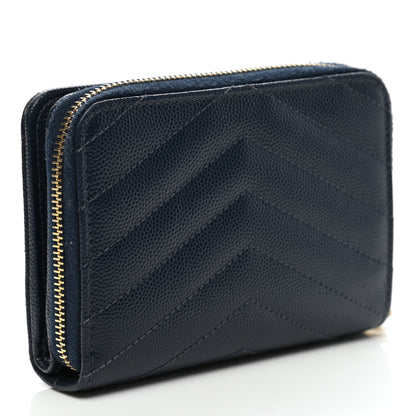 Saint Laurent Grain De Poudre Matelasse Chevron Monogram Compact Zip Around Wallet Deep Marine 3 of 12