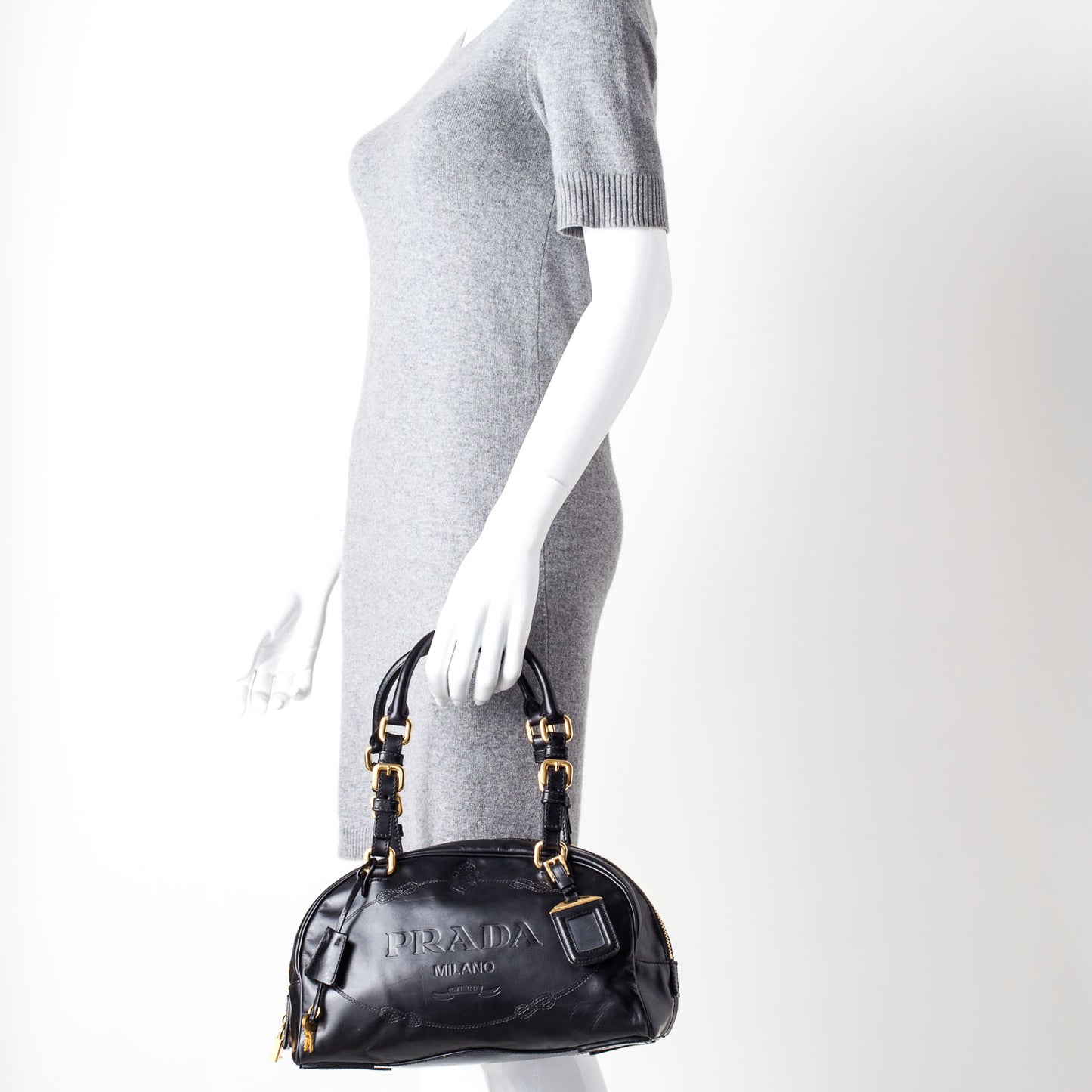 Leather Logo Bowling Bag Black