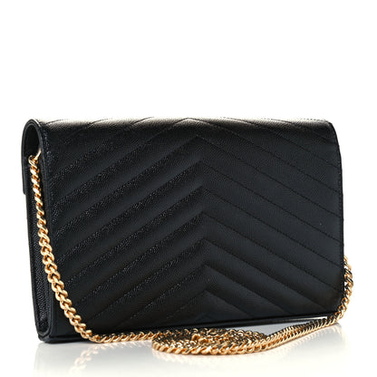 Saint Laurent Grain De Poudre Matelasse Chevron Monogram Chain Wallet Black 3 of 9
