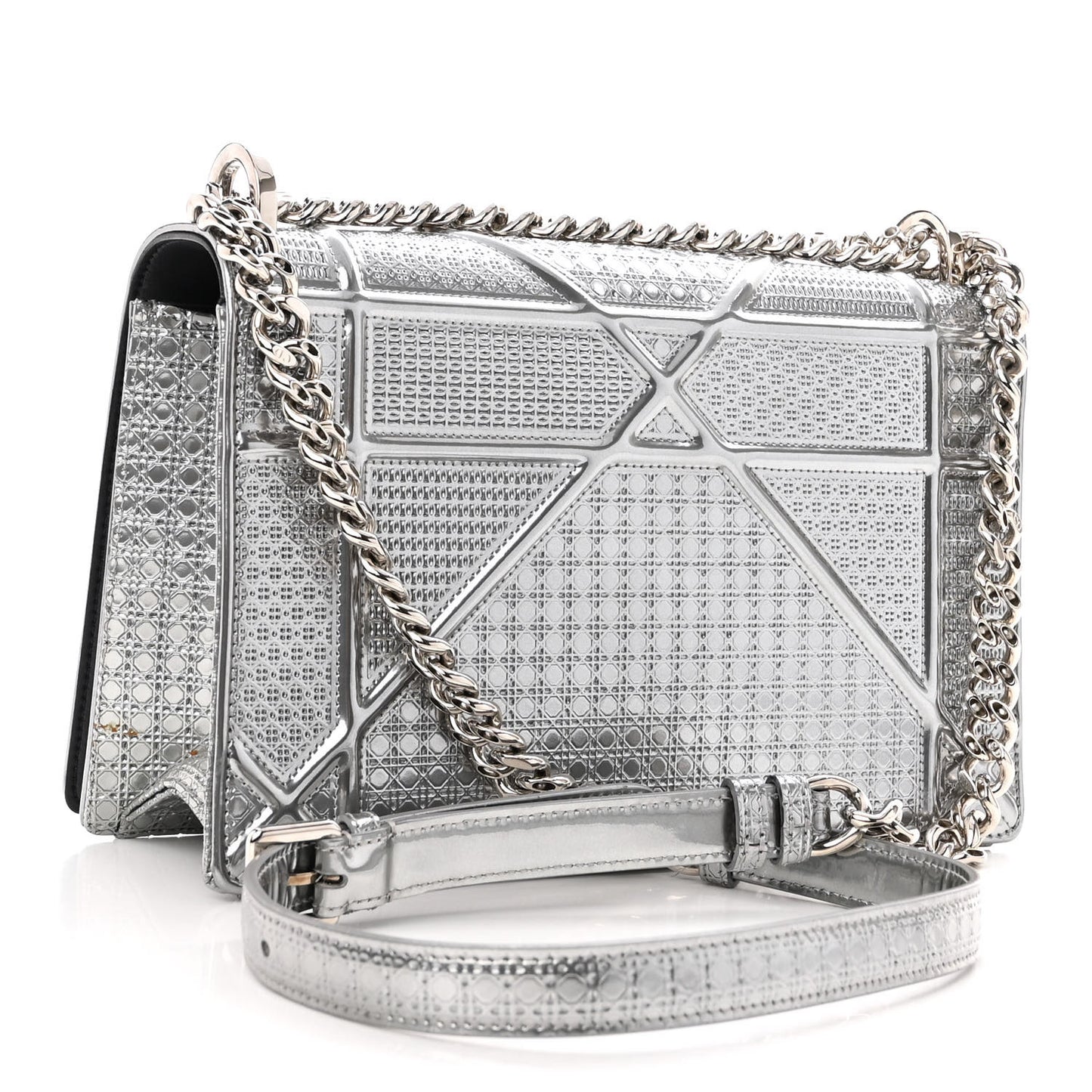 Metallic Patent Micro-Cannage Medium Diorama Flap Bag Silver