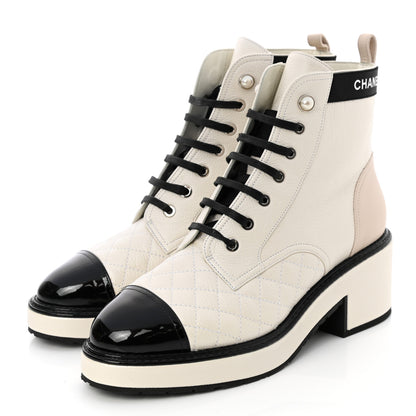Chanel Pearly Calfskin Patent Calfskin Quilted Lace Up Boots 39 White Light Gray Black 3 of 11