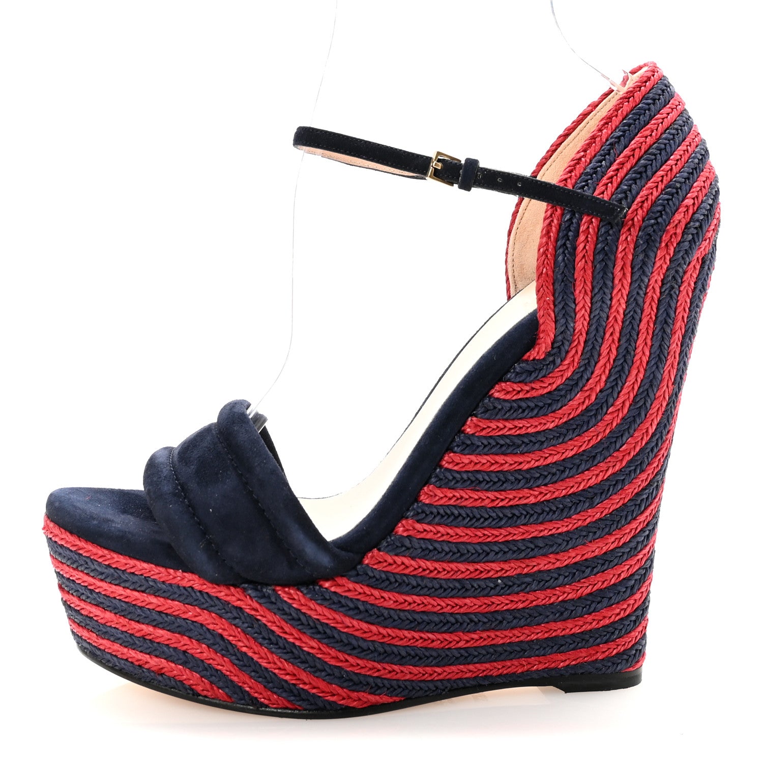 Gucci Kid Scamosciato Espadrille Platform Wedge Sandals 38.5 Red Blue 1 of 10