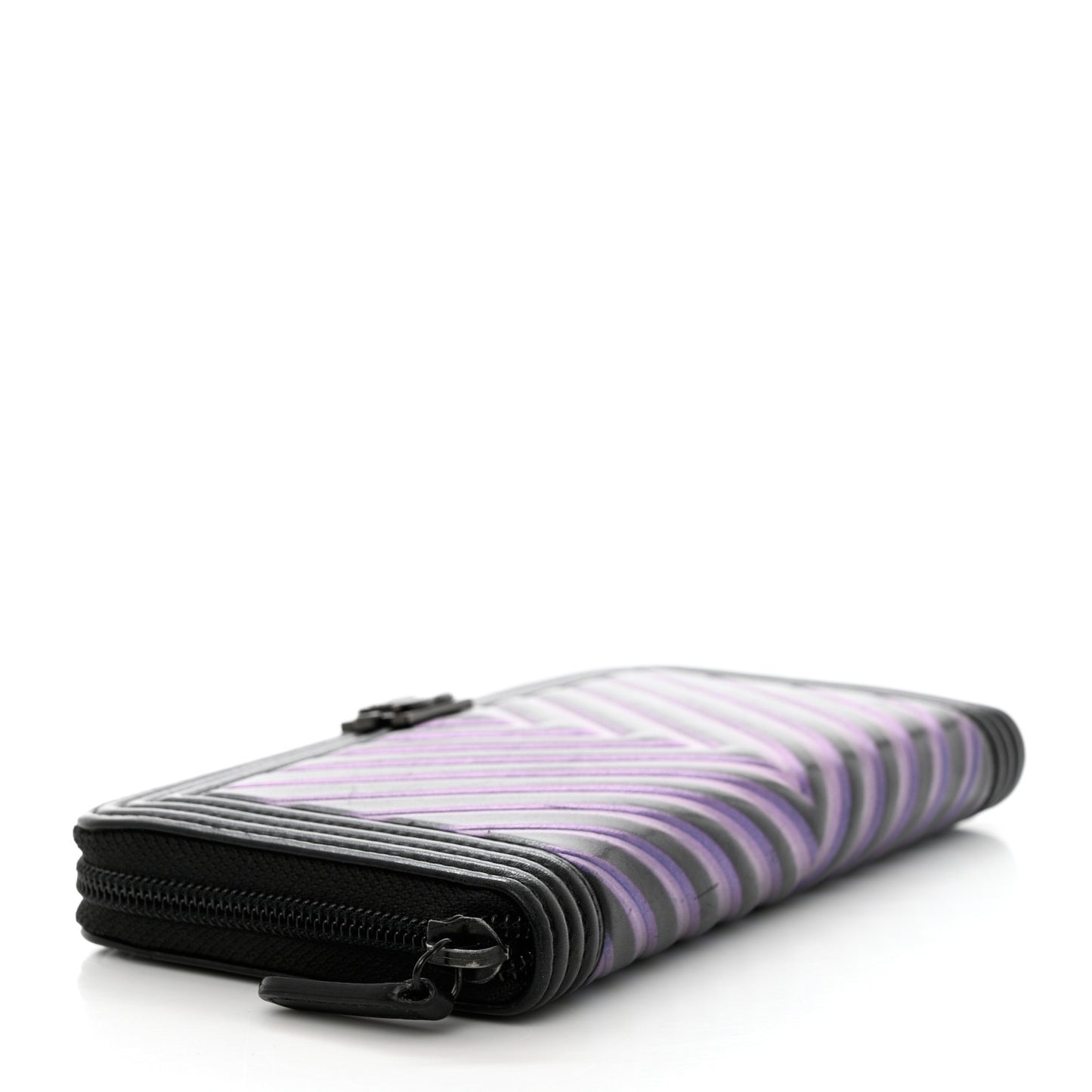 Calfskin Painted Chevron Embossed Large Boy Zip Wallet Black