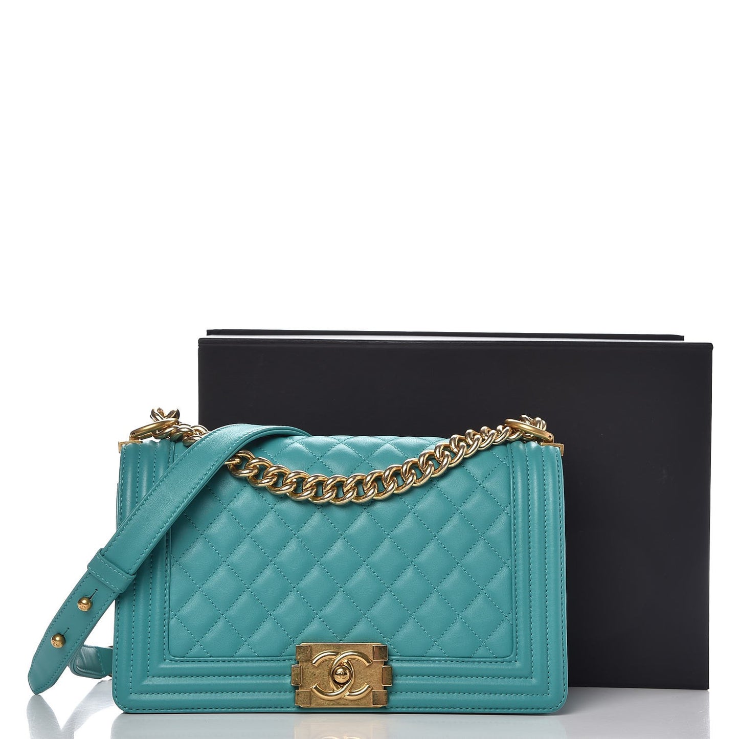 Calfskin Quilted Medium Boy Flap Turquoise