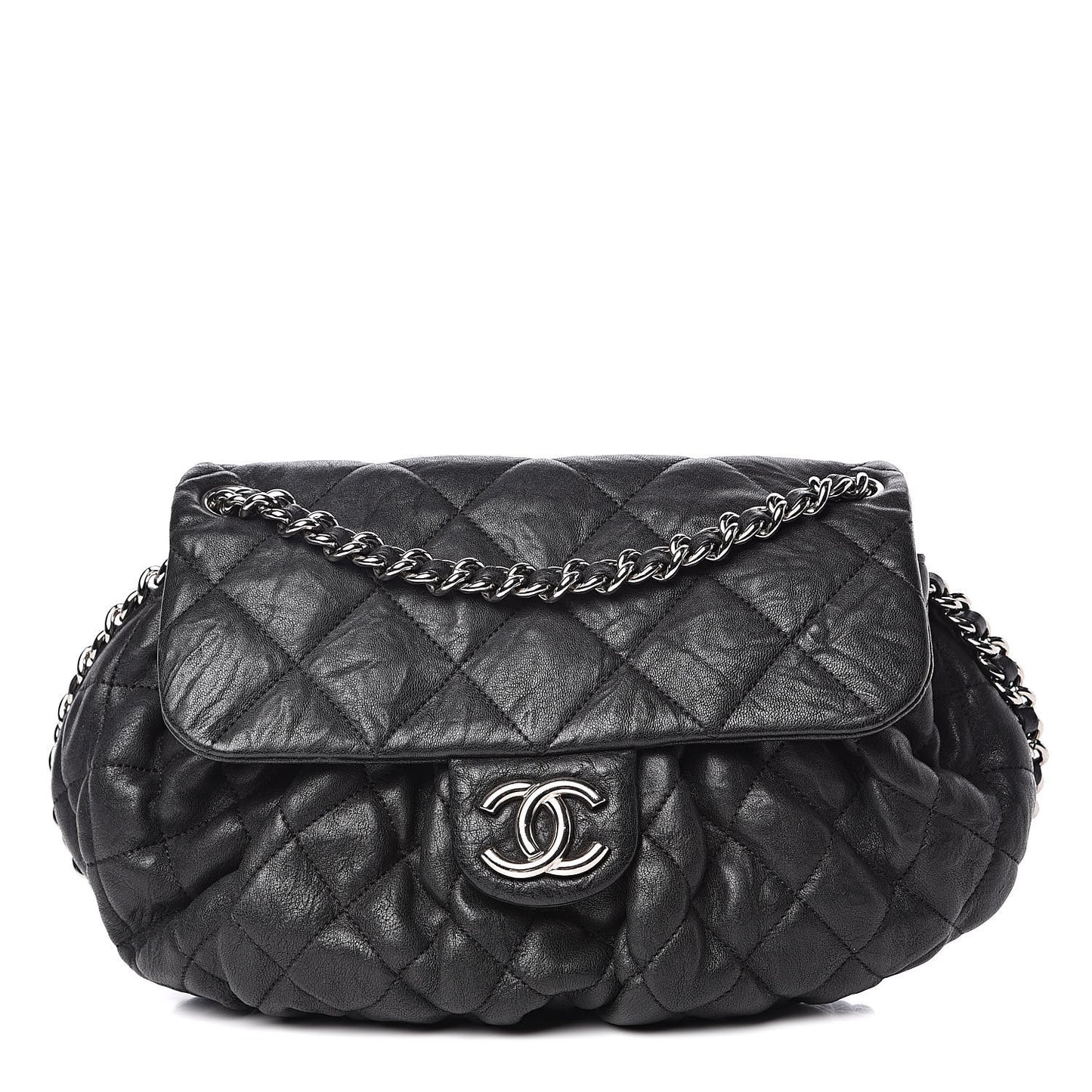 Washed Lambskin Quilted Medium Chain Around Messenger Black