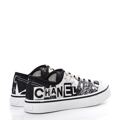 Chanel Printed Fabric Low Top Logo Sneakers 35.5 White Black 4 of 7