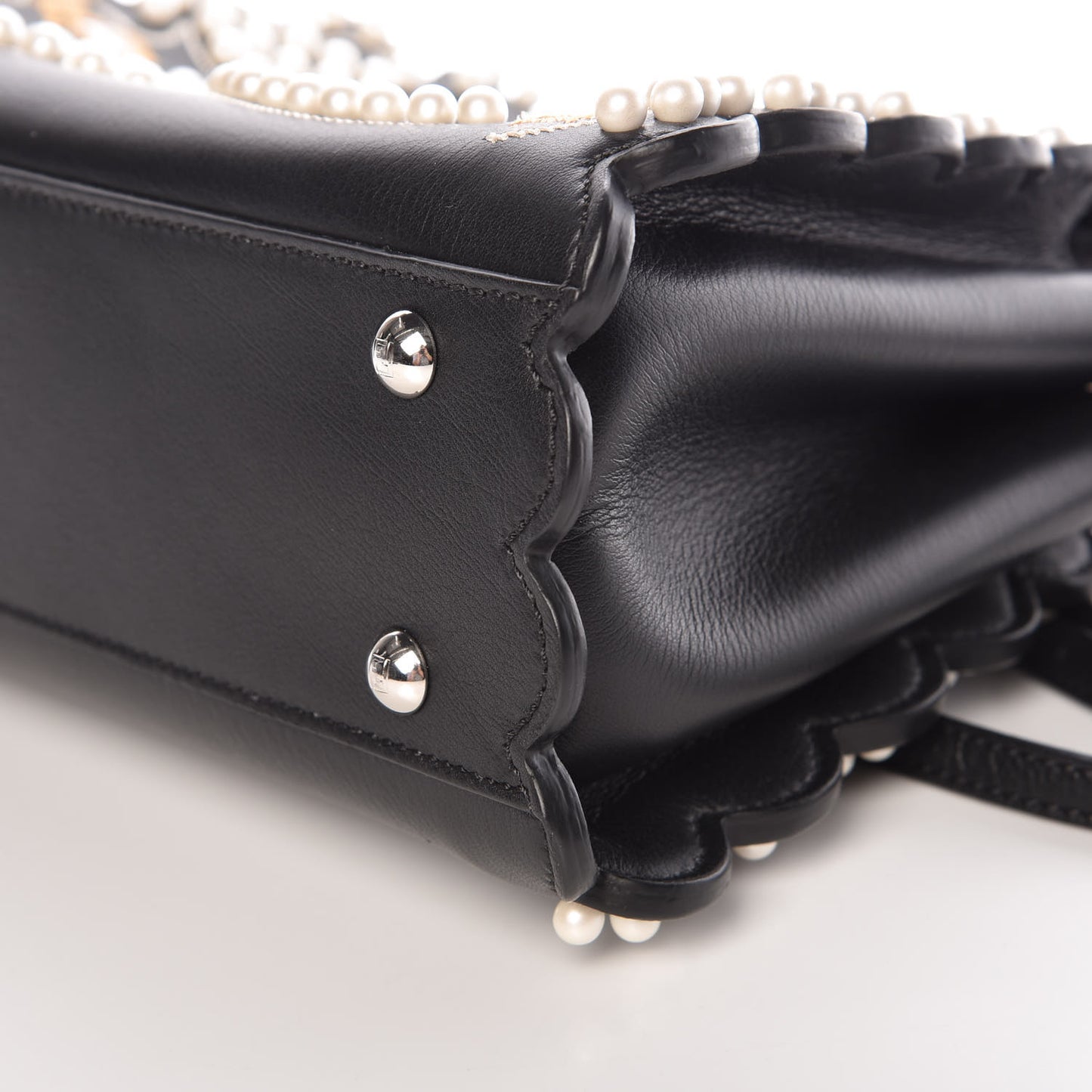 Calfskin Flowers and Bows Scalloped Mini Peekaboo Iconic Satchel Black Camelia