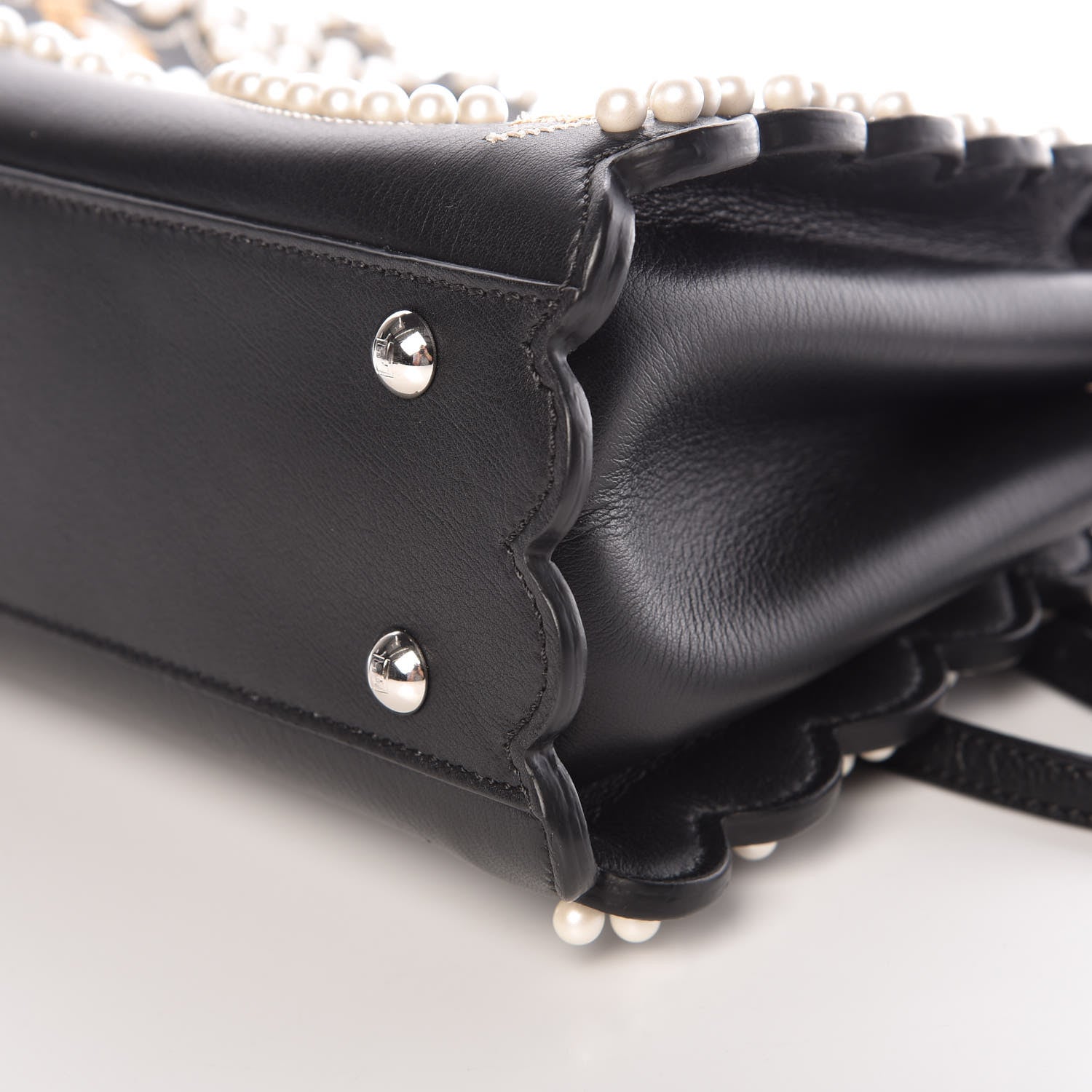 Fendi Calfskin Flowers and Bows Scalloped Mini Peekaboo Iconic Satchel Black Camelia 6 of 11
