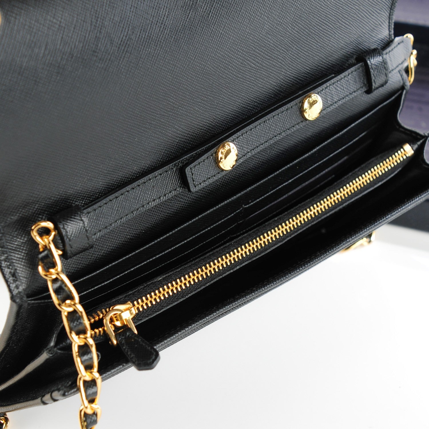 Prada Saffiano Metal Oro Chain Wallet Nero Black 6 of 8