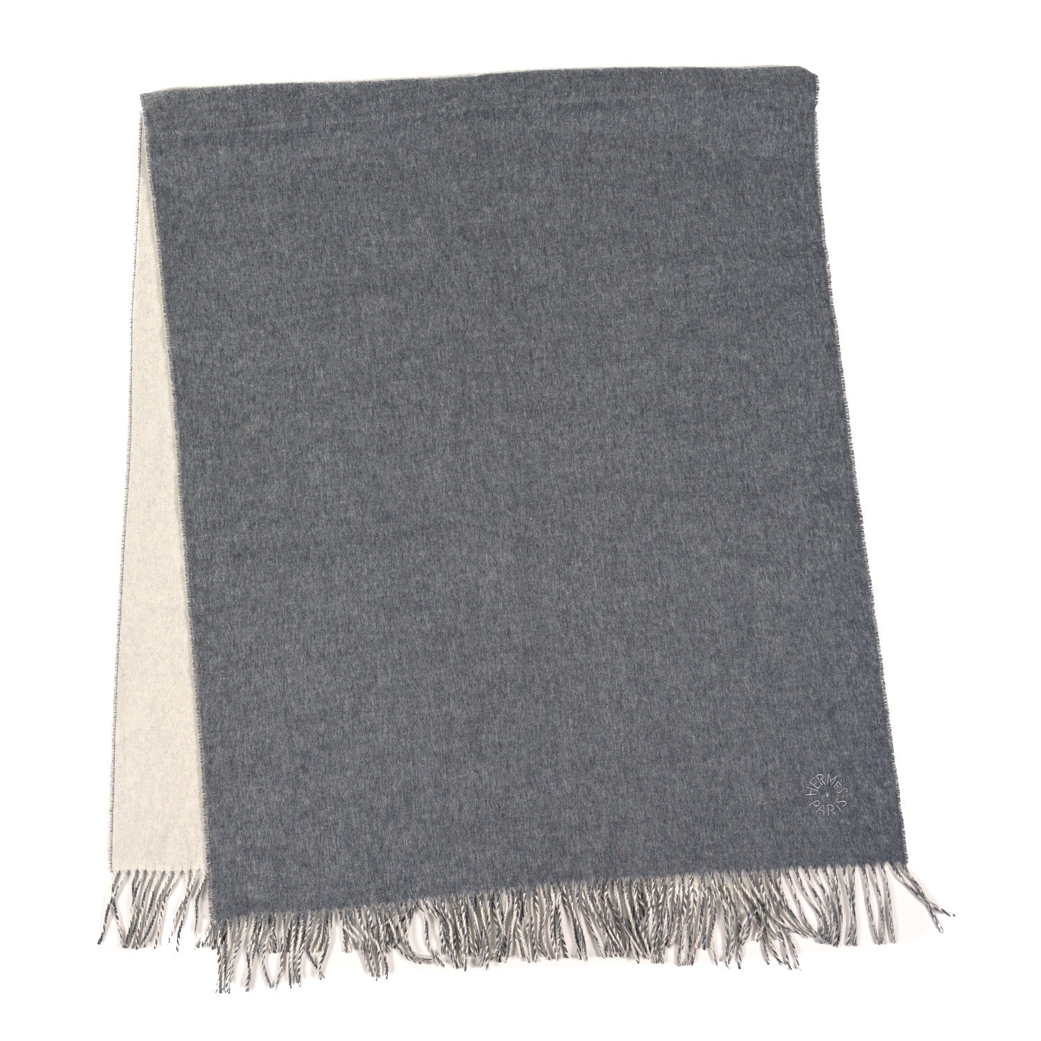 Hermes Cashmere Fringe Double Face Scarf Gris Flanelle Ivoire 2 of 3