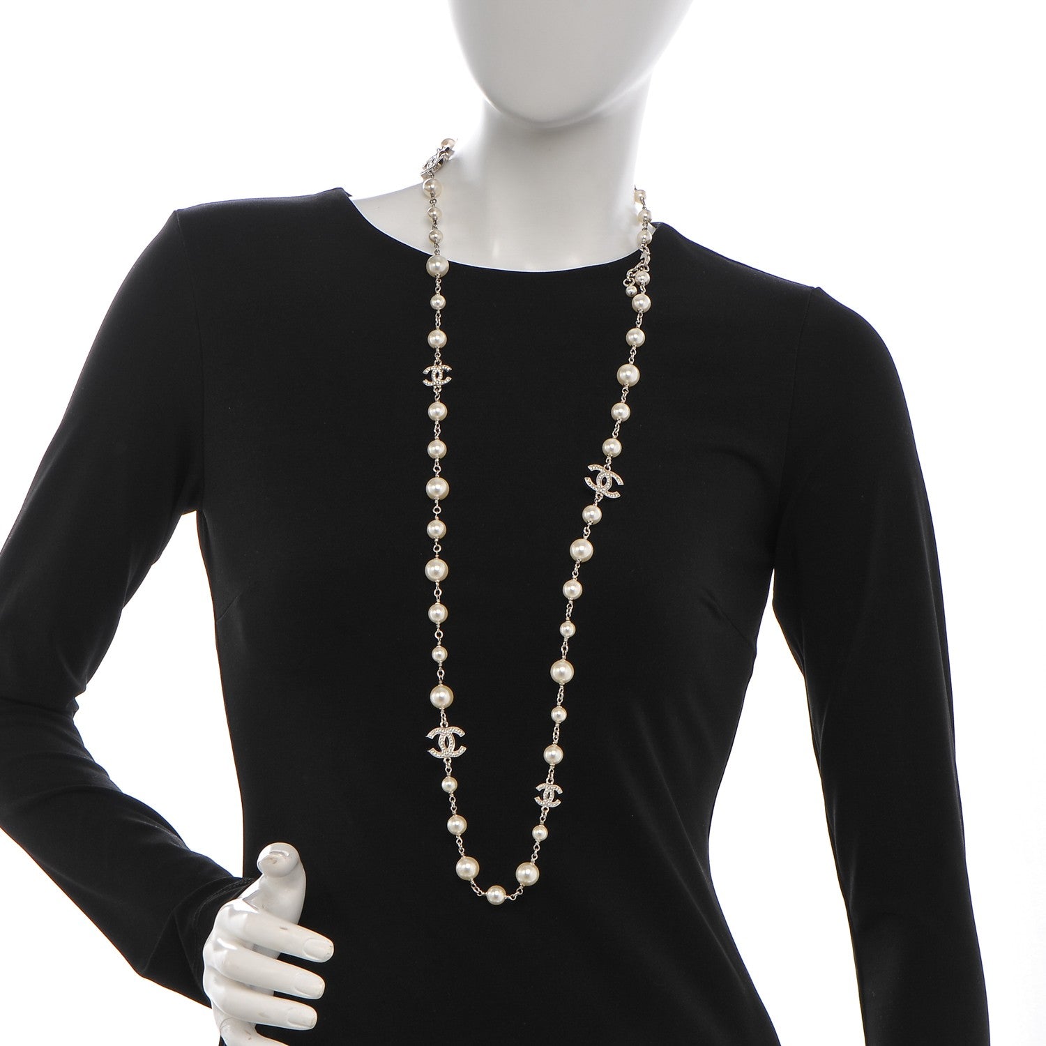Chanel Crystal Pearl CC Long Necklace Silver 2 of 6
