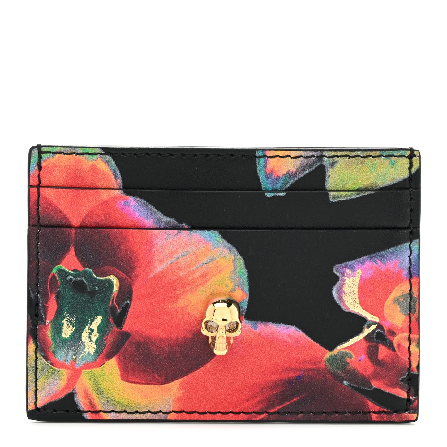 Calfskin Flower Printed Skull Card Holder Black Multicolor