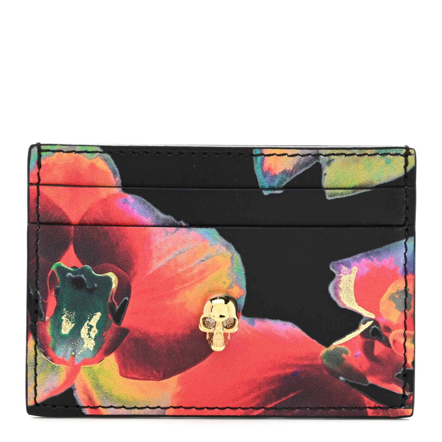 Alexander McQueen Calfskin Flower Printed Skull Card Holder Black Multicolor 1 of 8